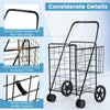 Folding shopping cart in black with dual storage baskets, ergonomic handle, and swiveling wheels for easy transport.