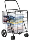 Folding black shopping cart with dual storage baskets, ideal for laundry and groceries, featuring swiveling wheels for.