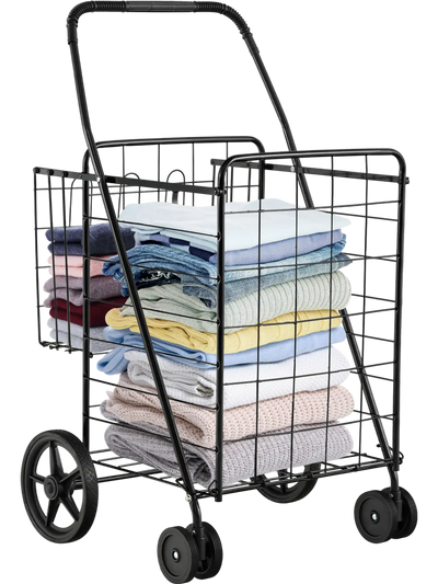 Costway Folding Shopping Cart Swiveling Wheels Dual Storage Baskets 59730421 New