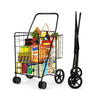 Folding shopping cart in black with dual storage baskets, loaded with groceries, featuring swiveling wheels for easy.