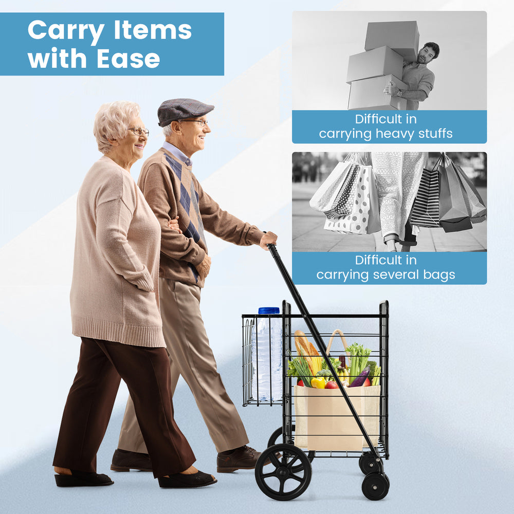 Folding shopping cart with swiveling wheels and dual storage baskets, ideal for groceries and laundry.