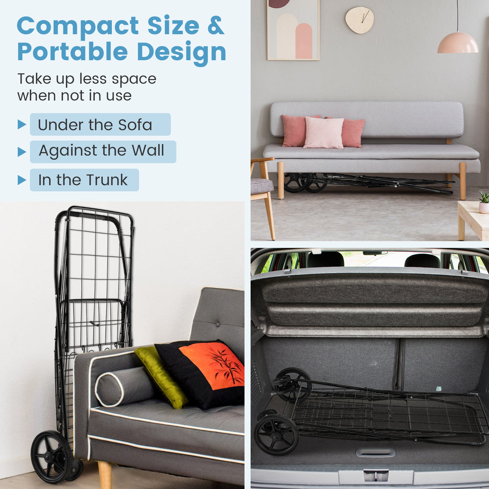 Folding shopping cart in black with dual storage baskets, showcasing compact design for easy storage and transport.