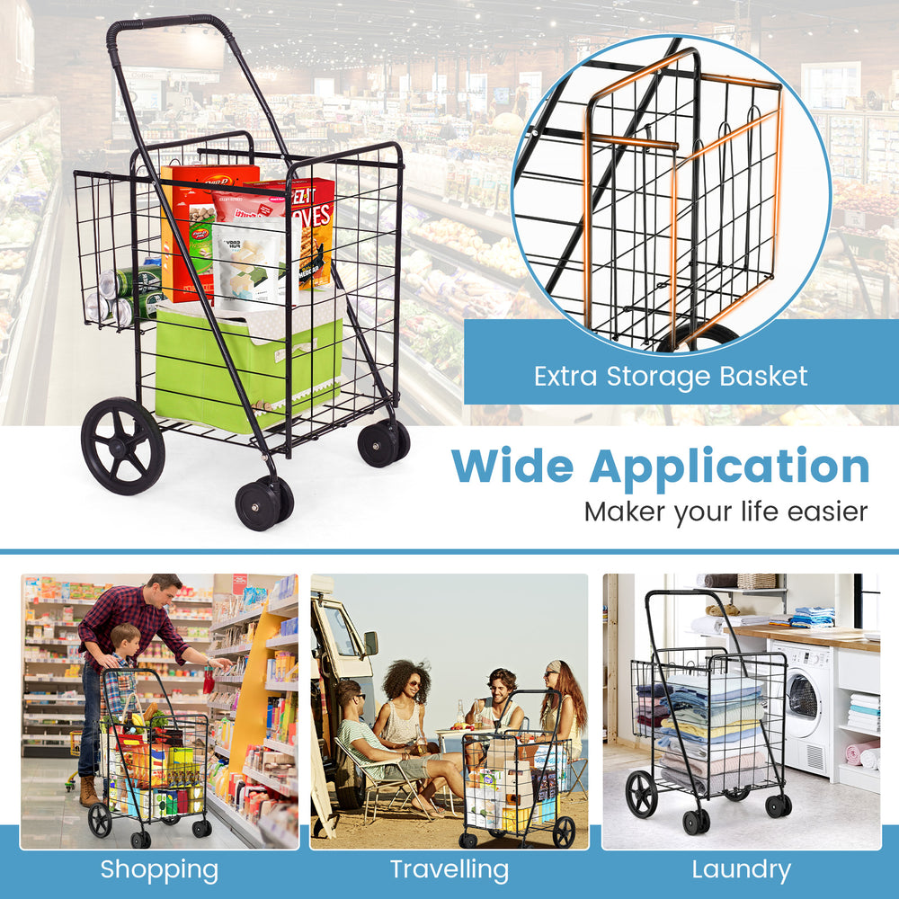 Folding shopping cart in black with dual storage baskets, ideal for grocery and laundry transport.