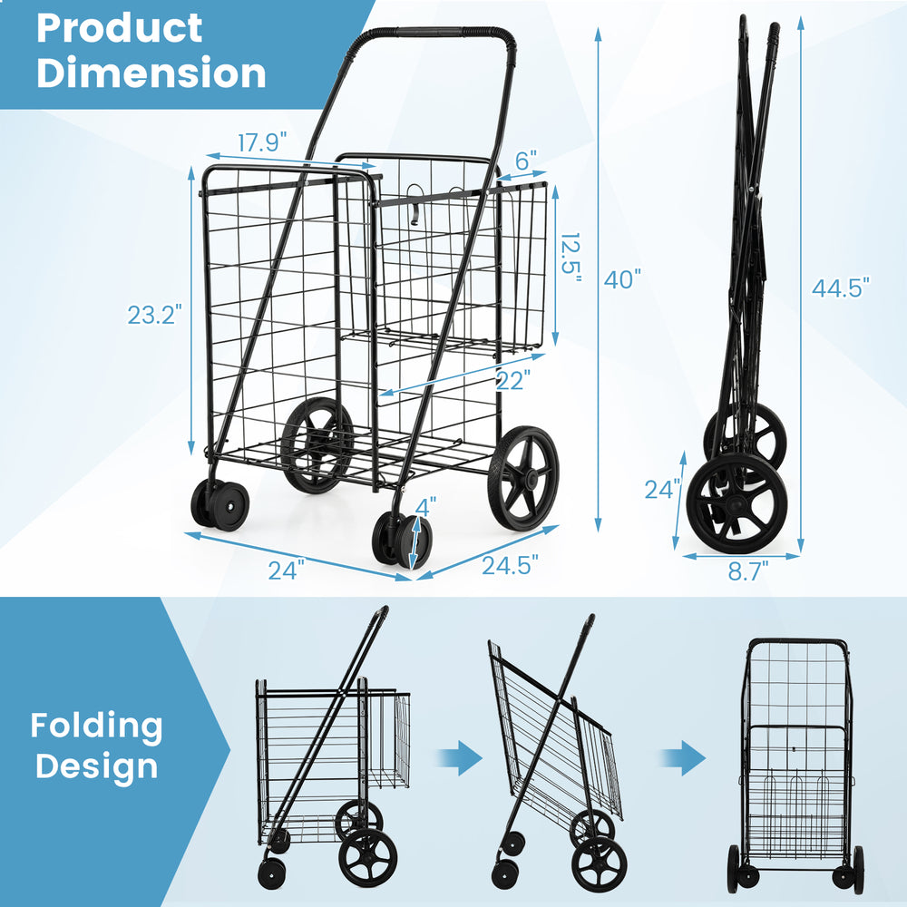 Folding shopping cart in black with dual storage baskets, swiveling wheels, and dimensions for easy transport and.