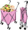 Folding shopping utility cart in pink with a water-resistant canvas bag, featuring a sturdy frame and 24-gallon.
