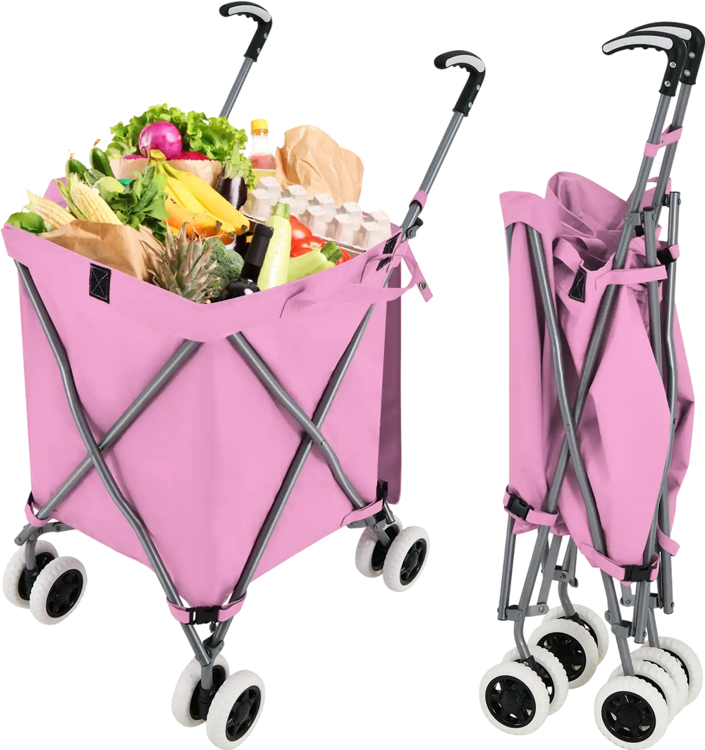 Folding shopping utility cart in pink with a water-resistant canvas bag, featuring a sturdy frame and 24-gallon.