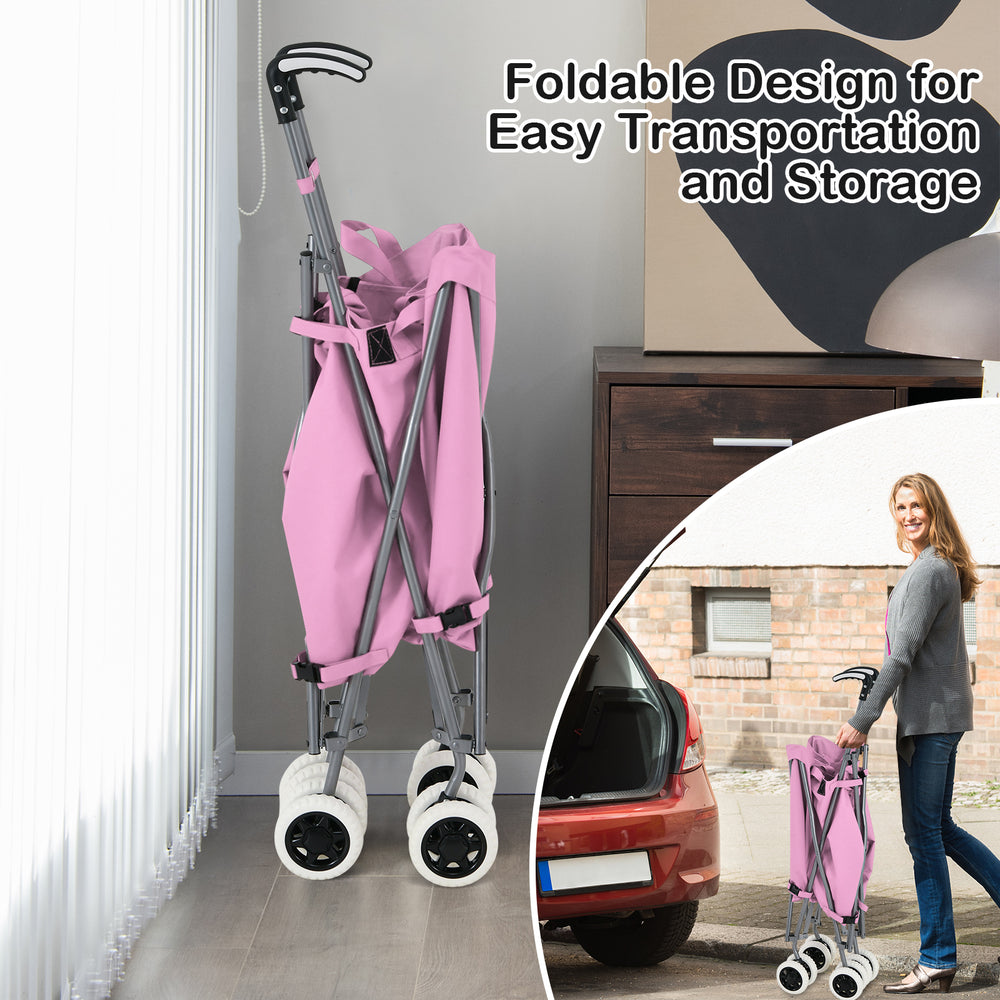 Folding shopping utility cart in pink with a water-resistant canvas bag, designed for easy transport and storage.