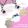 Folding shopping utility cart in pink with universal front wheels and fixed rear wheels, suitable for various terrains.