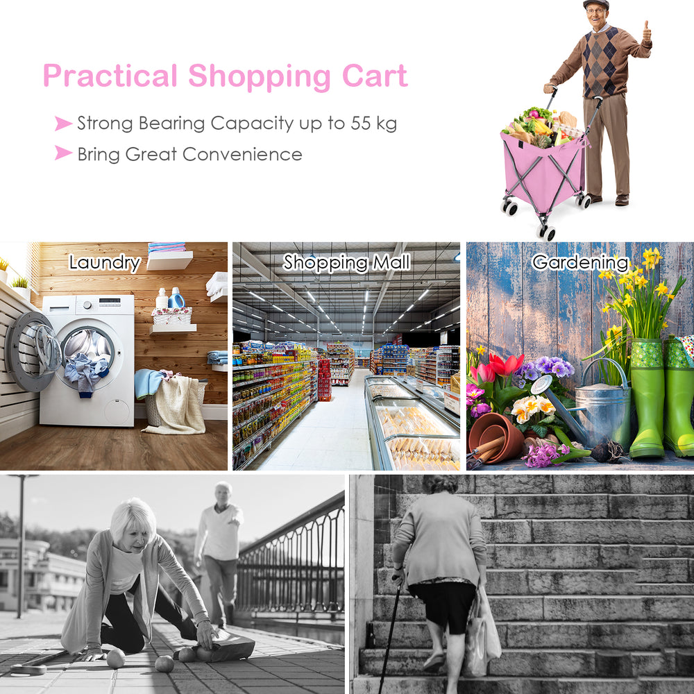 Folding pink shopping cart with a water-resistant canvas bag, featuring a sturdy frame and 120 lbs capacity for easy.