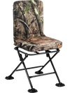 Swivel folding chair with backrest and padded cushion in camouflage, designed for hunting and outdoor activities.