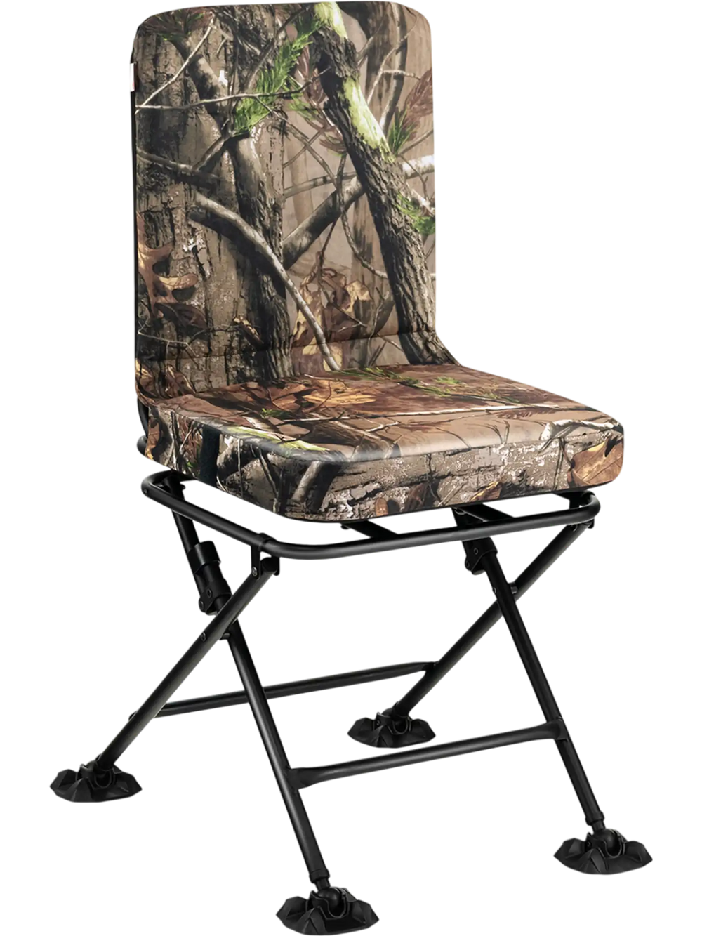 Swivel folding chair with backrest and padded cushion in camouflage, designed for hunting and outdoor activities.