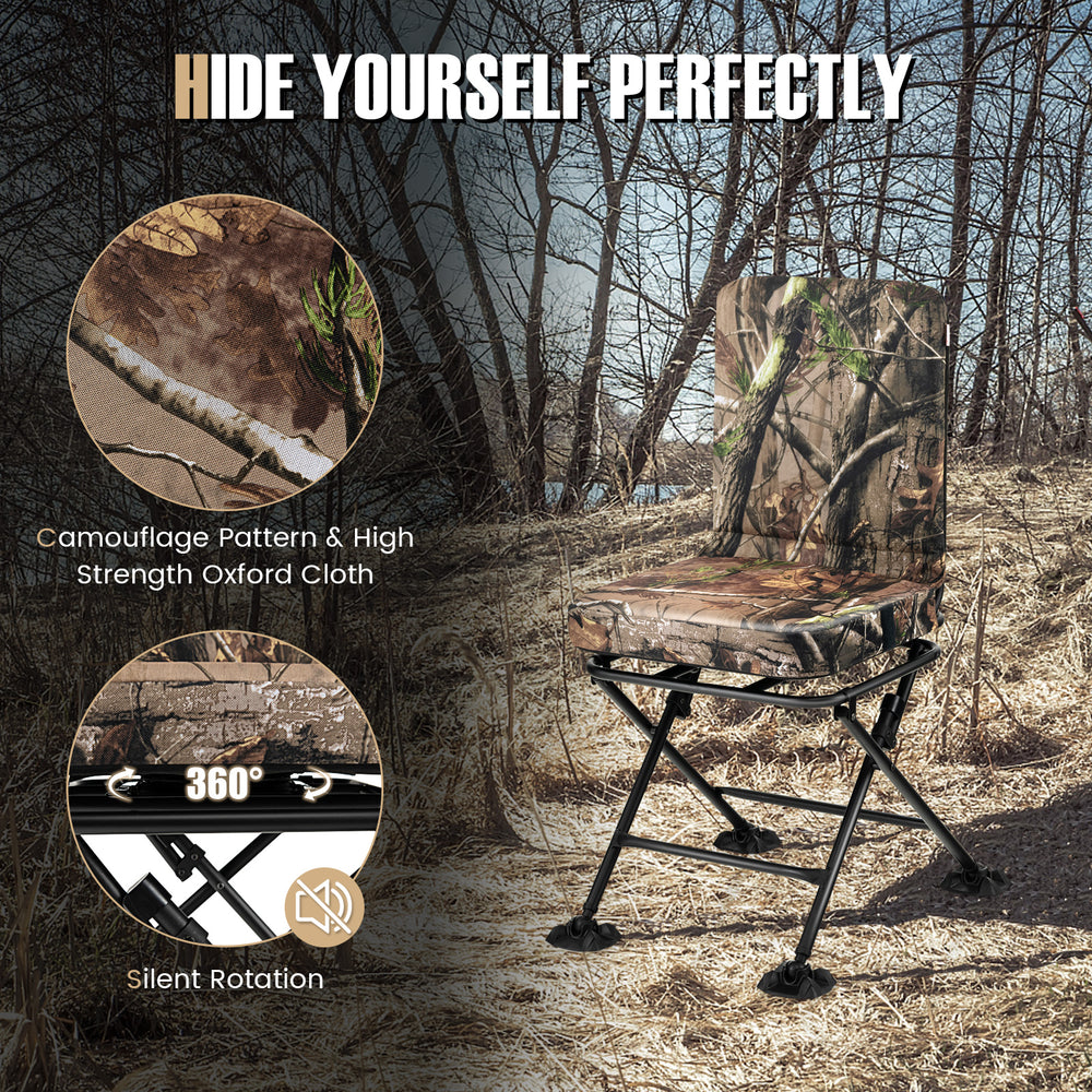 Swivel folding chair with camouflage pattern, padded cushion, and steel frame for comfortable outdoor hunting and.