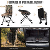 Swivel folding chair with backrest and padded cushion in camouflage, designed for easy transport and outdoor activities.