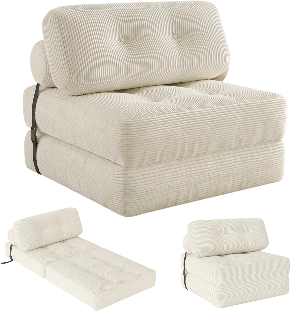 Beige folding sofa bed with pillow and back support, featuring soft corduroy fabric for versatile living room use.