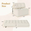 Folding sofa bed with pillow and back support in beige, showcasing dimensions for versatile use in living rooms or.