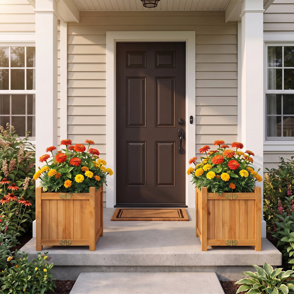 Folding square fir wood raised garden beds with vibrant flowers enhance the entrance, perfect for patios and gardens.