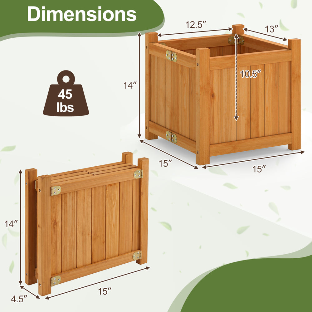 Folding square fir wood raised garden bed with removable bottom, ideal for plants, featuring a space-saving design.