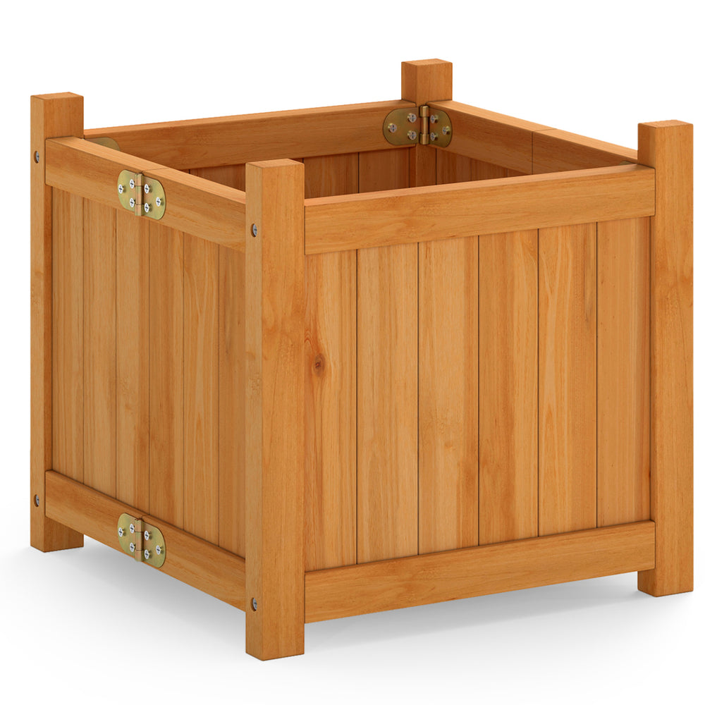 Folding square fir wood raised garden bed with removable bottom, perfect for flowers and herbs in outdoor spaces.