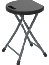 Folding stool with built-in handle, HDPE seat, and powder-coated metal frame for easy transport and secure seating.