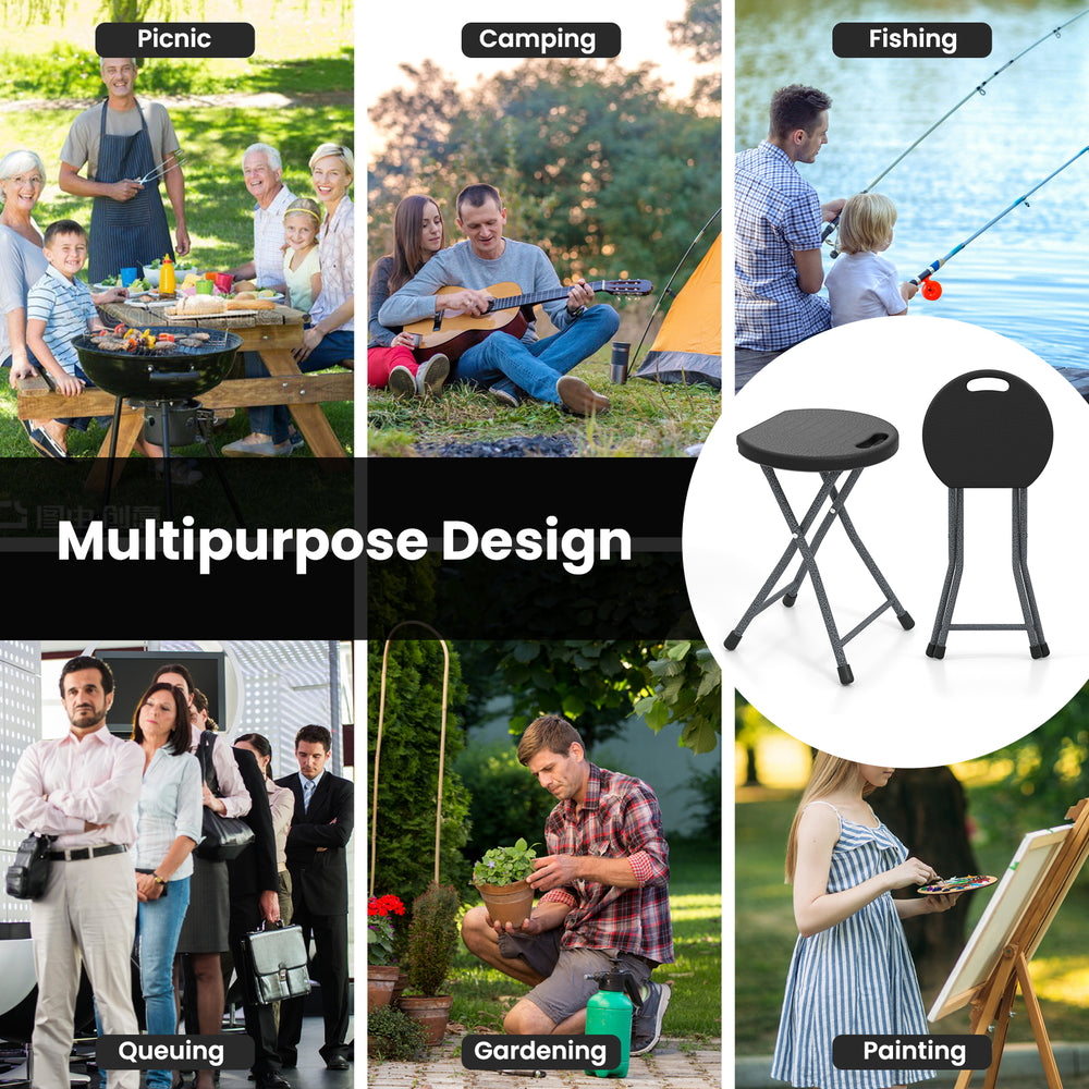 Folding stool with built-in handle, HDPE seat, and powder-coated metal frame for versatile indoor and outdoor use.