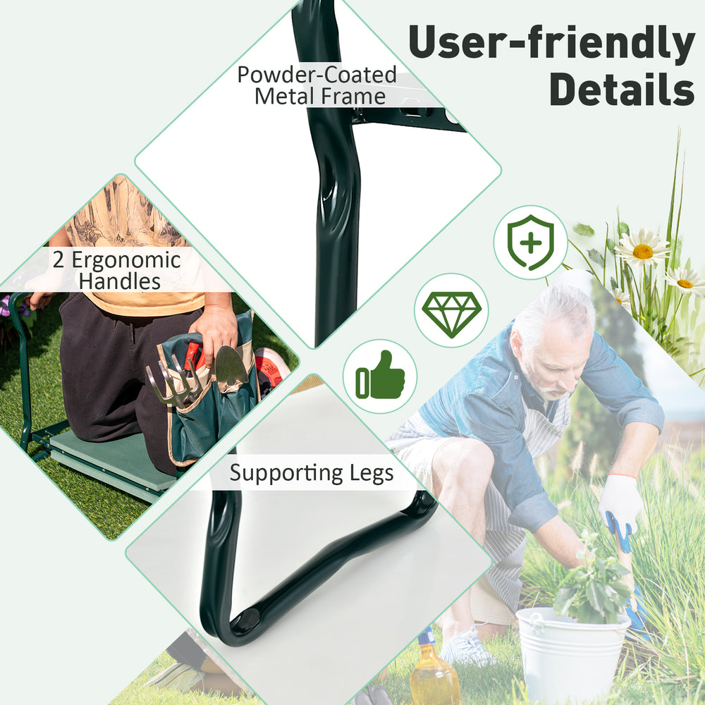 User-friendly details of the Folding Sturdy Garden Kneeler Pad, featuring a powder-coated metal frame and ergonomic.