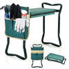 Folding garden kneeler with cushion seat, storage pockets, and lightweight design for comfortable gardening.