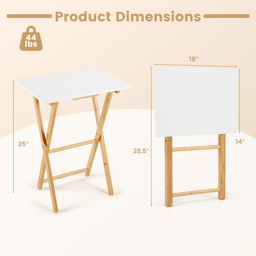 Folding TV tray table dimensions showing a white top and bamboo legs, ideal for small spaces in bedrooms or living.