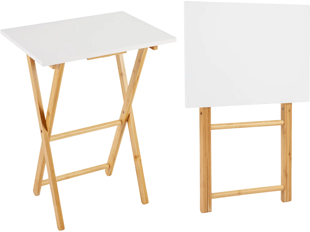 Folding TV tray table set of 2 in white with bamboo legs, ideal for small spaces in bedrooms and living rooms.