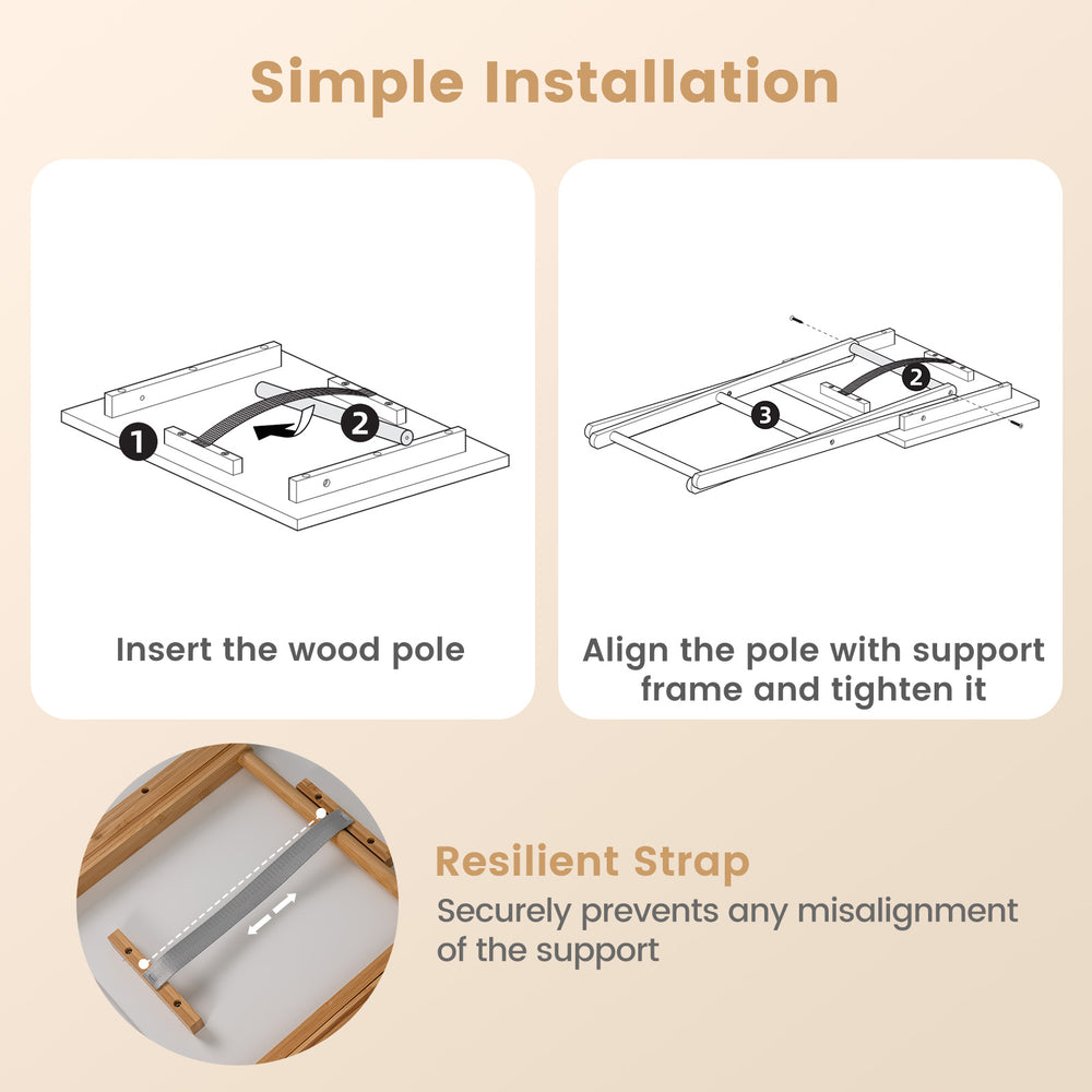 Folding TV tray table installation steps showing bamboo structure and resilient strap for support alignment.