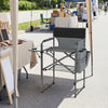Folding tall director chair in gray features a 26-inch seat height, side table, and storage pockets for camping convenience.