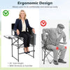 Folding tall director chair with a 26-inch seat height, ergonomic design, armrests, and a side table for camping convenience.