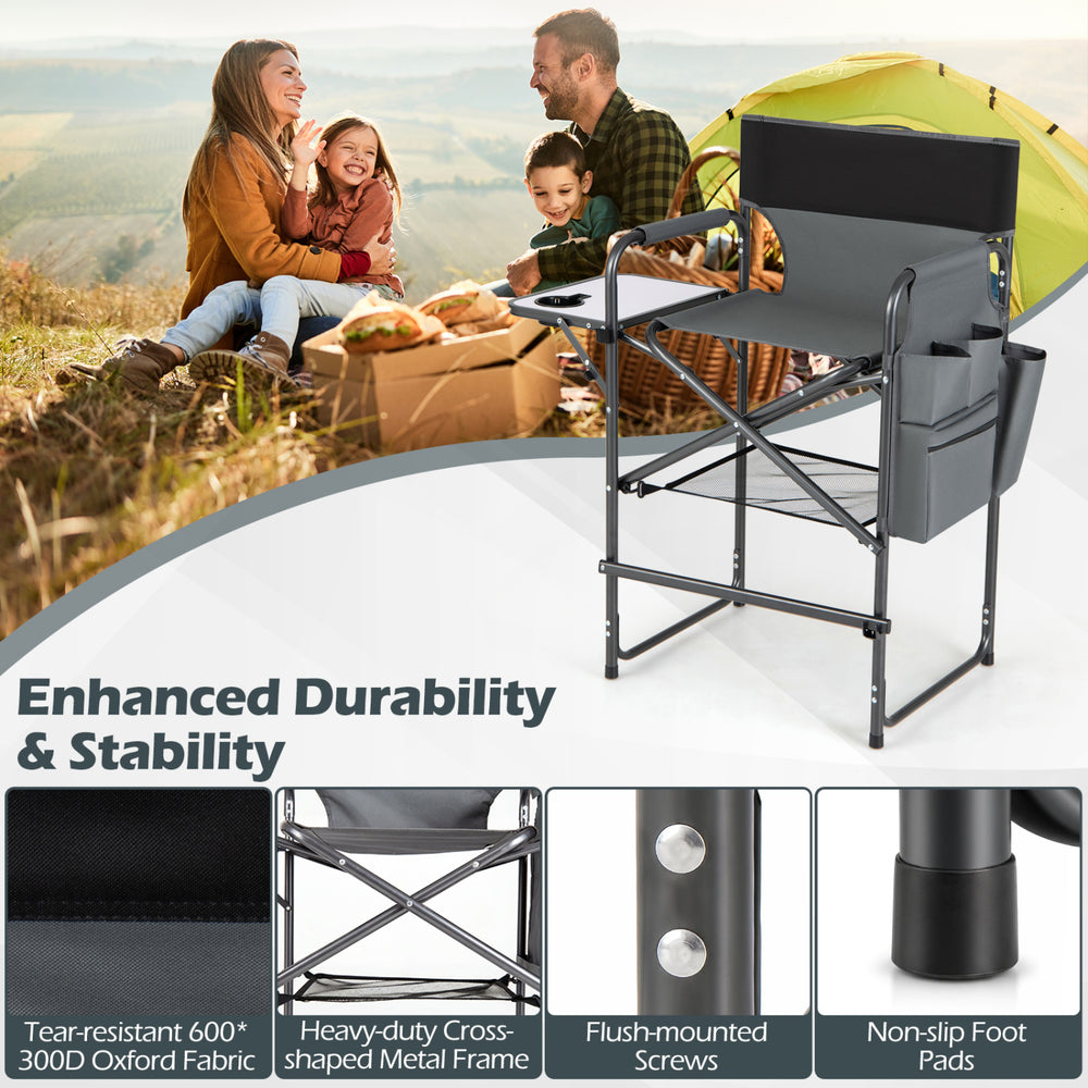 Folding tall director chair with 26-inch seat height, gray fabric, side table, and non-slip foot pads for stability.