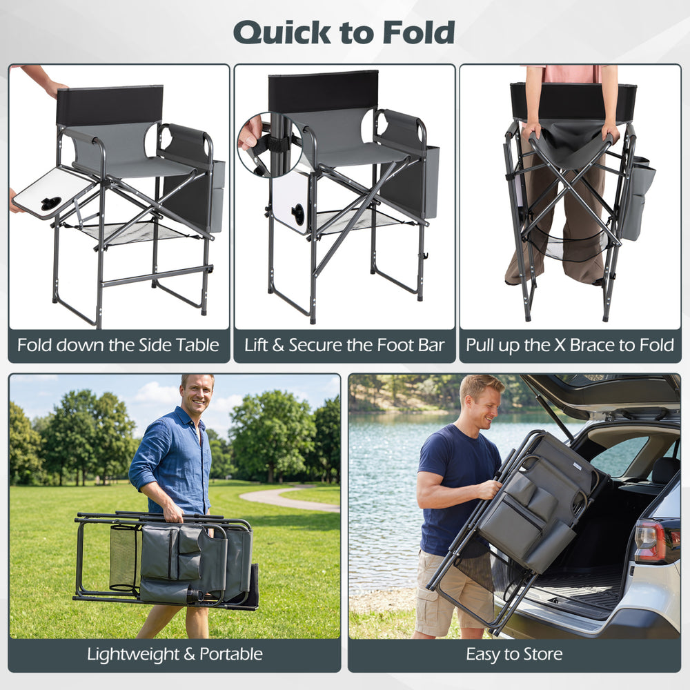 Folding tall director chair with 26-inch seat height, gray fabric, side table, and lightweight design for camping use.