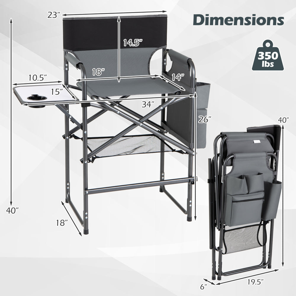 Folding Tall Director Chair with 26-inch seat height, gray fabric, side table, and storage pockets for camping convenience.