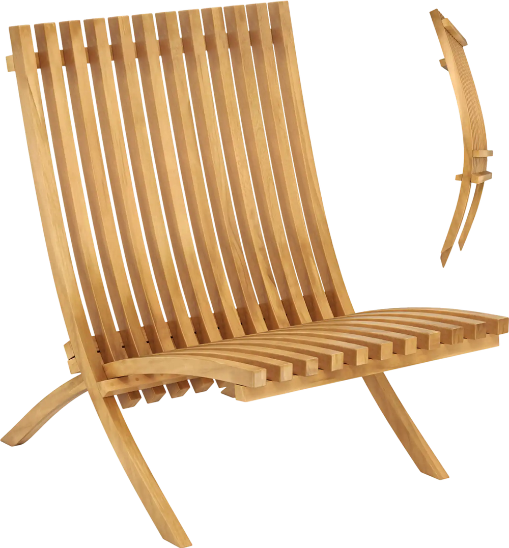 Folding Teak Wood Outdoor Lounge Chair with Slatted Seat and Backrest
