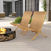 Folding teak wood outdoor lounge chair with slatted seat and backrest, perfect for fire pit nights in your patio.