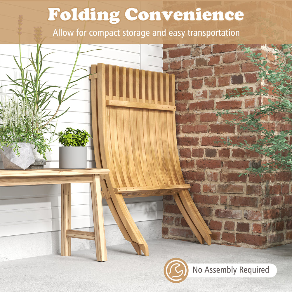 Folding teak wood outdoor lounge chair with slatted seat, perfect for compact storage and easy transportation.
