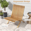 Folding teak wood outdoor lounge chair with slatted seat and inclined backrest, perfect for patio relaxation.