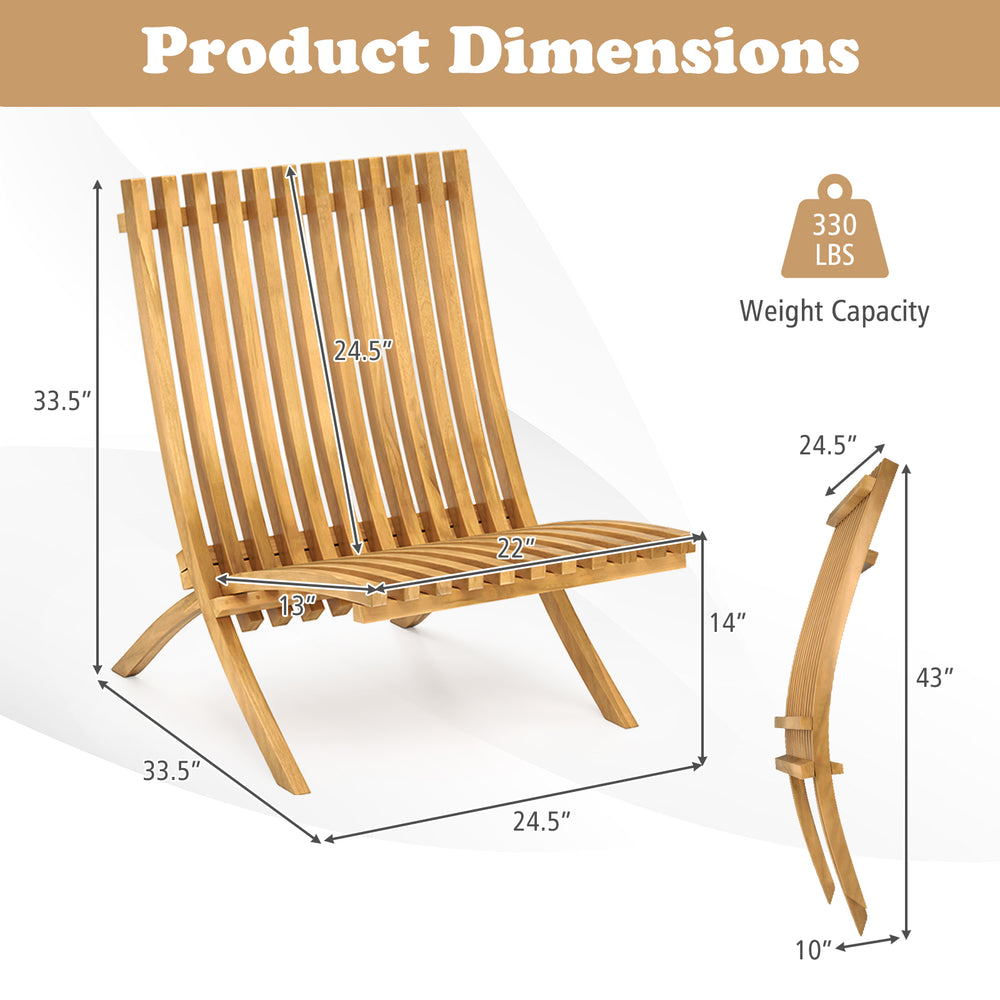 Folding teak wood outdoor lounge chair dimensions with slatted seat and backrest, supports up to 330 lbs for patio use.