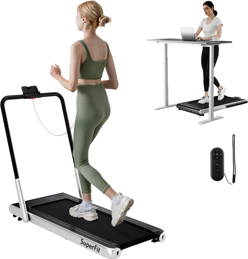 Folding treadmill with 3HP motor, remote control, and Bluetooth apps, ideal for walking, running, and working.