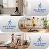 Folding treadmill in running mode, featuring a 3HP motor, 0.6-7.6 mph speed range, and anti-slip running belt.