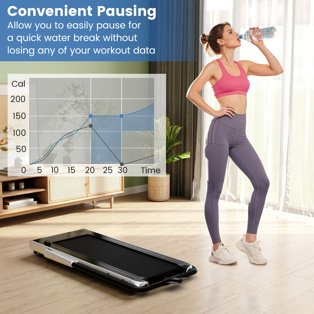 Folding treadmill with remote control and LED display, ideal for walking and running, featuring convenient pausing.