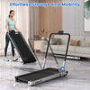 Folding treadmill with 3HP motor, remote control, and built-in speakers for easy storage and mobility in silver.