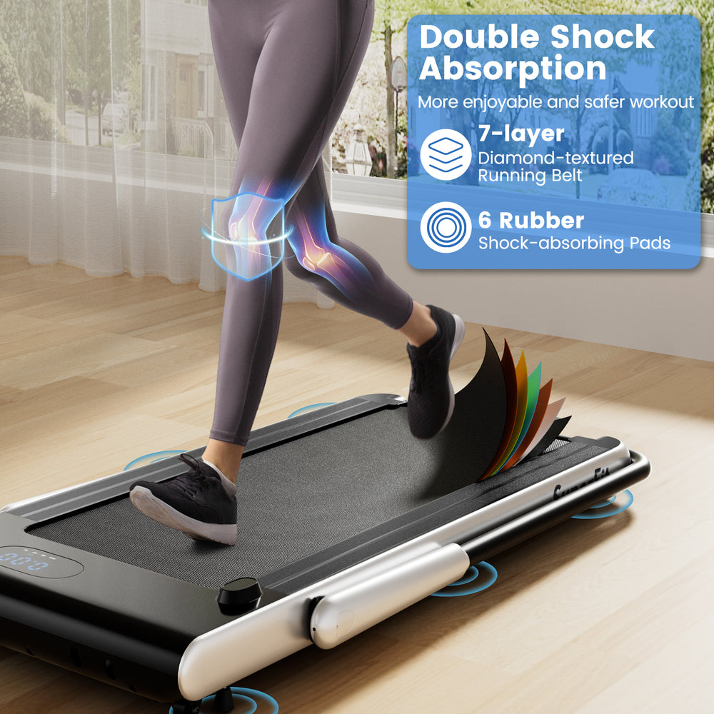 Folding treadmill with a 7-layer anti-slip running belt and 6 shock-absorbing pads for joint protection during workouts.