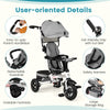 Folding tricycle baby stroller in gray with adjustable canopy, 360° reversible seat, and safety harness for kids.