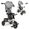 Folding tricycle baby stroller in gray with adjustable canopy and reversible seat for versatile use and safety.