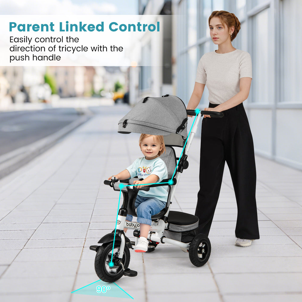 Folding tricycle baby stroller in gray with adjustable canopy and reversible seat, ideal for parent-child interaction.
