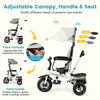 Folding tricycle baby stroller with adjustable canopy, 360° reversible seat, and height-adjustable handle for parents.