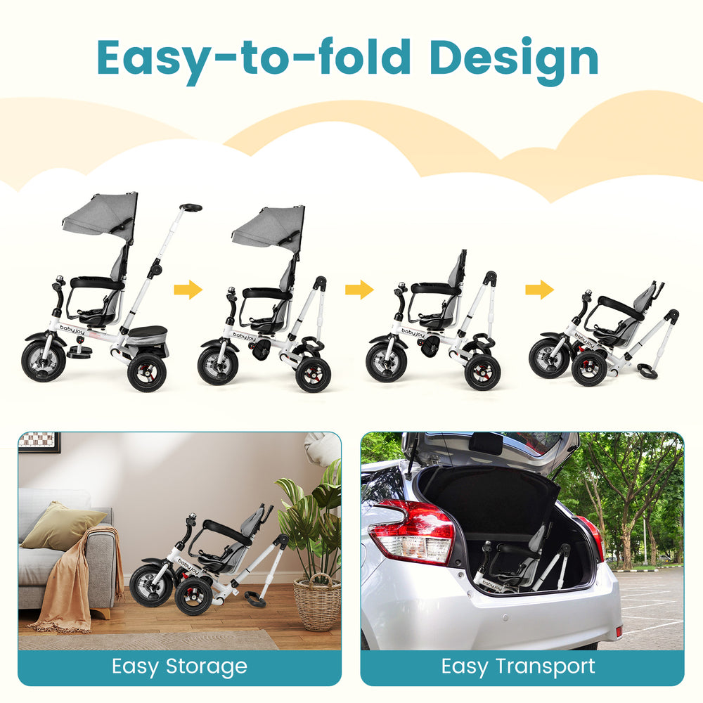Folding tricycle baby stroller in gray with adjustable canopy, reversible seat, and easy-to-fold design for transport.