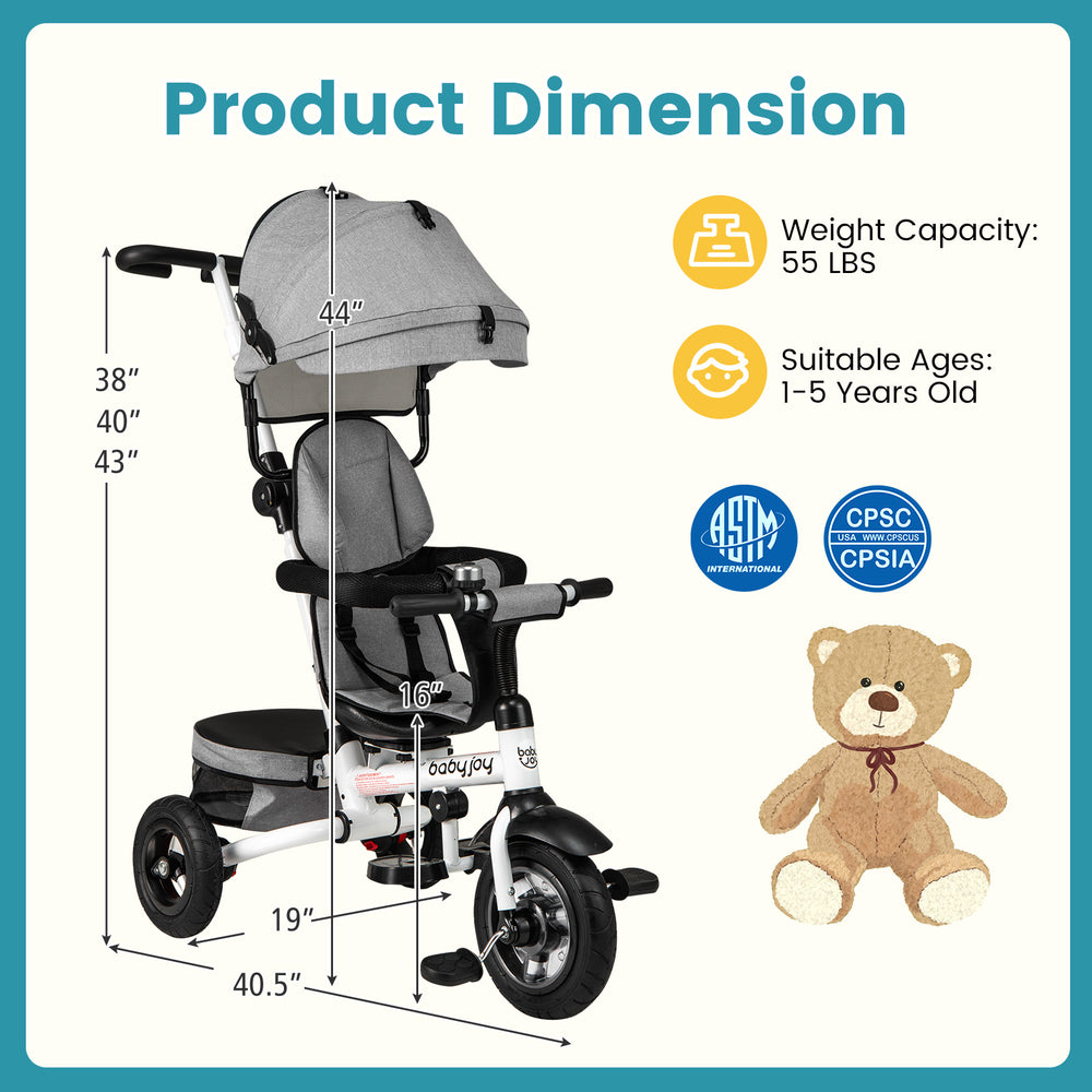 Folding tricycle baby stroller in gray with adjustable canopy, 360° reversible seat, and sturdy steel frame for ages.